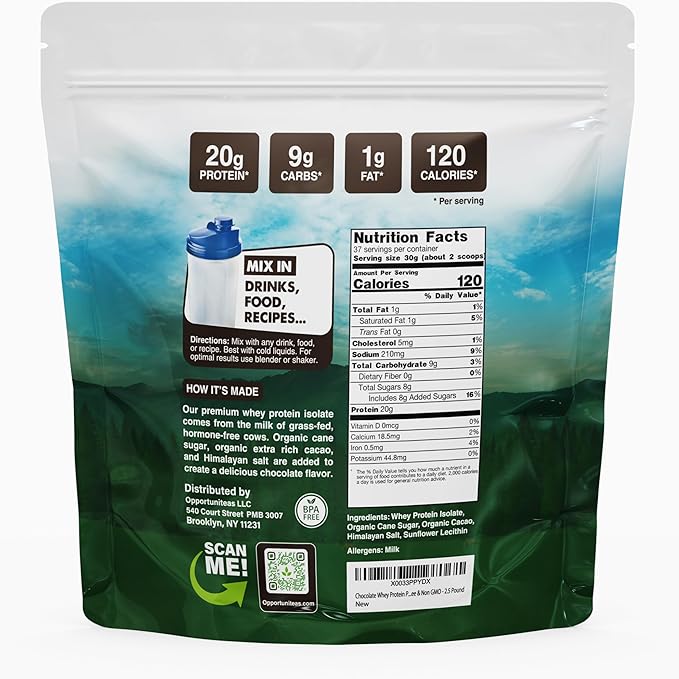 Opportuniteas Grass Fed Chocolate Whey Isolate Protein Powder – 20 g Protein, Heavy-Metal Tested, Made with Organic Cacao & Organic Cane Sugar, Non-GMO, Hormone-Free, Sourced from Ireland, 2.5 lb