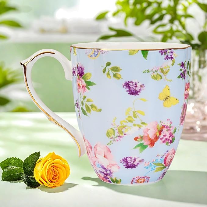 13oz Bone China Floral Mug with Gold Bone China Coffee Mugs Bone Teacup Christmas Mugs Birthday Gifts for Women Mom Friends Coworker