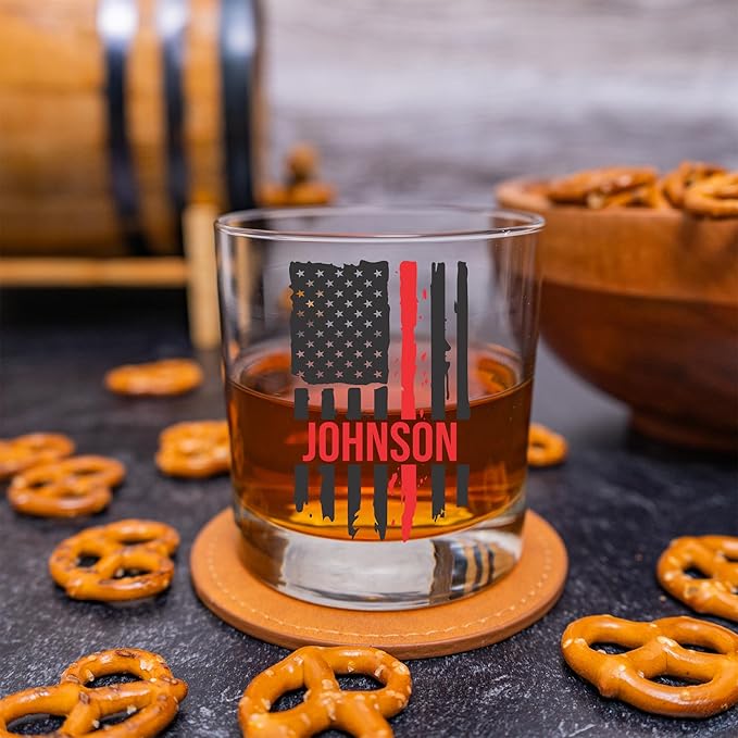 Blue Ridge Mountain Gifts - Thin Red Line Whiskey Glass - Personalized Firefighter Glass, Fireman Flag & Appreciation, Back the Red, Fire Academy Gift, Personalized Father's Day Gift First Responders