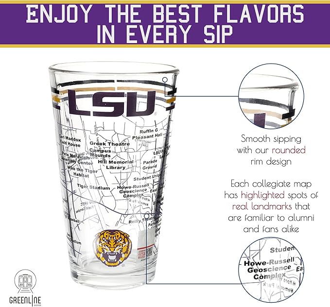 Greenline Goods – University of LSU Tigers College Pint Beer Glasses (Set of 2), 16 oz – Full-Color Logo + Campus Map