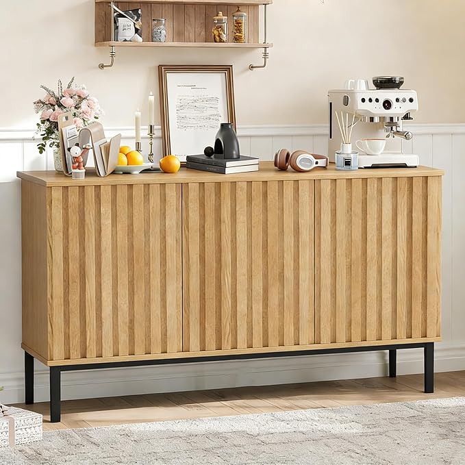Garvee 47.2 Inch Sideboard Buffet Cabinet with Fluted Doors, Modern Wood Storage Cabinet with Adjustable Shelf, Freestanding Coffee Bar for Dining Room Living Room
