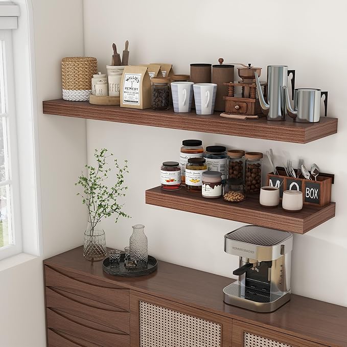 12 Inch Deep Floating Shelves | 55 Inch Walnut Floating Shelves | 55" W x 12" D Rustic Wood Shelves for Wall | Deep Walnut Shelves for Living Room Bathroom Laundry Room Kitchen