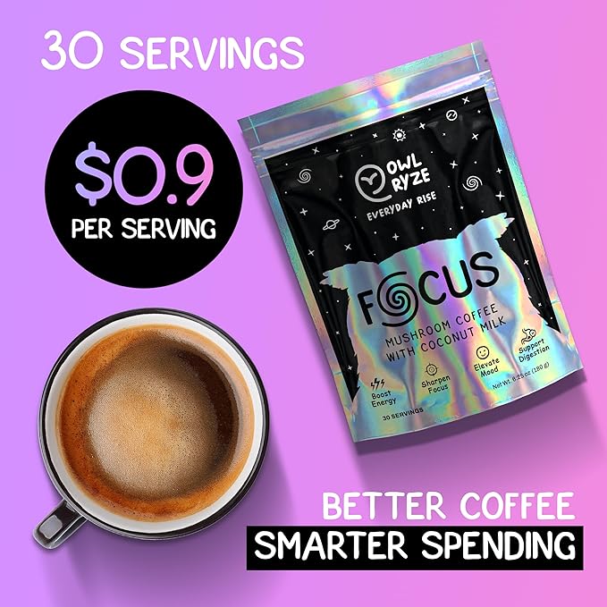 OwlRyze Mushroom Coffee Focus with Coconut Milk and 6 Adaptogenic Mushrooms, MCT Oil, Premium Instant Coffee for Better Energy, Focus, Digestion, Immunity with Lions Mane & Turkey Tail, 30 servings