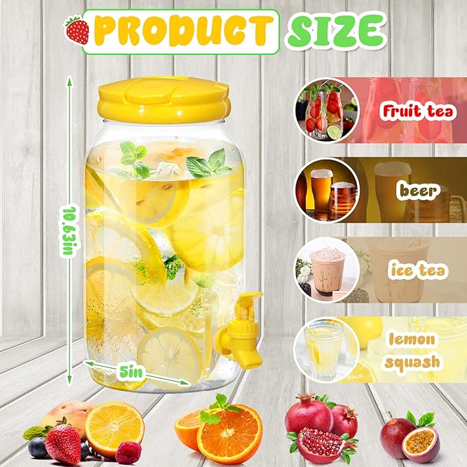 Havawish 2 Pcs 1 Gallon Plastic Beverage Dispenser with Spigot Clear Summer Kitchen Fridge Drink Dispenser for Parties Lemonade Juice Tea Beer Cold Water(Yellow,Cylinder)