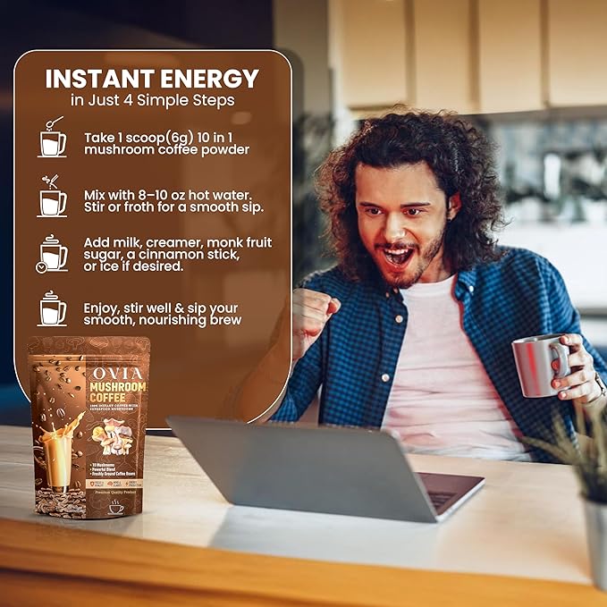 OVIA Natural 10 Mushroom Coffee with 3500mg for Weight Management, Focus & Gut Health - Daily Dose Ten Mushroom Coffee for Clean Energy - Low Caffeine Adaptogenic Instant Coffee with Lion’s Mane,Chaga
