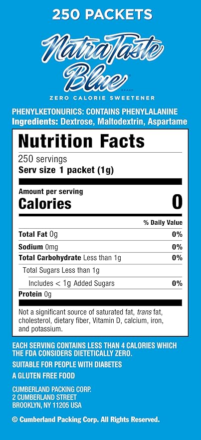 NatraTaste Blue Zero Calorie Sweetener, Bulk Sugar Substitute for Coffee, Iced Tea, Lemonade, Hot & Cold Drinks, Baking, Cooking, Low Carb, Vegan, Sugar Alternative, 250 Packets Value Box (8 pack)