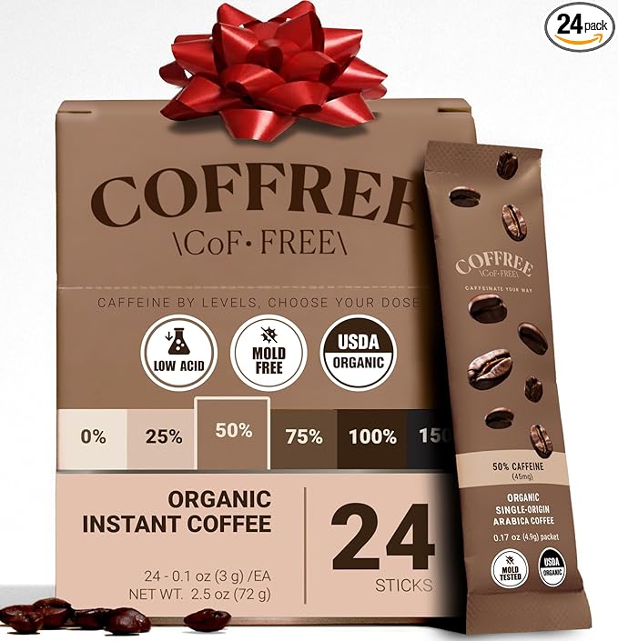 COFFREE Organic Instant Coffee Packets - 50% Half Caff Low Acid, Mold Free Coffee Made with Arabica Coffee Beans - Rich & Smooth Taste - Hot or Cold Single Serve Travel Packets 24 Pack Box