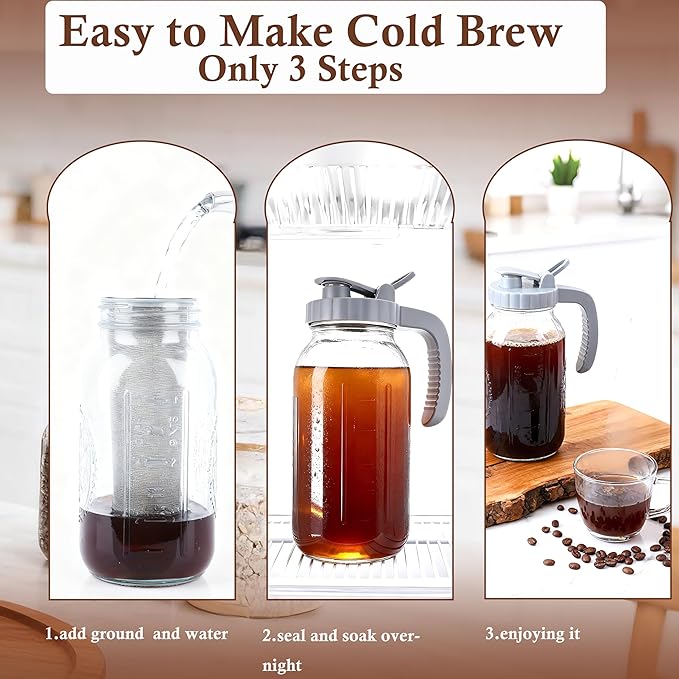 64 OZ Cold Brew Coffee Maker 2 Quart Mason Jar Glass Iced Tea Pitcher With Stainless Steel Filter Half Gallon Pitcher With Spout Lid For Iced Coffee,Tea & Lemonade,Sun Tea Airtight & Leak-Proof