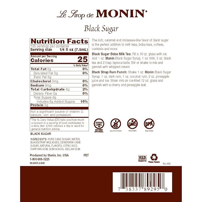 Monin - Black Sugar Syrup, Versatile Flavor, Natural Flavors, Great for Coffees, Cocktails, Shakes, and Kids Drinks, Non-GMO, Gluten-Free (1 Liter)