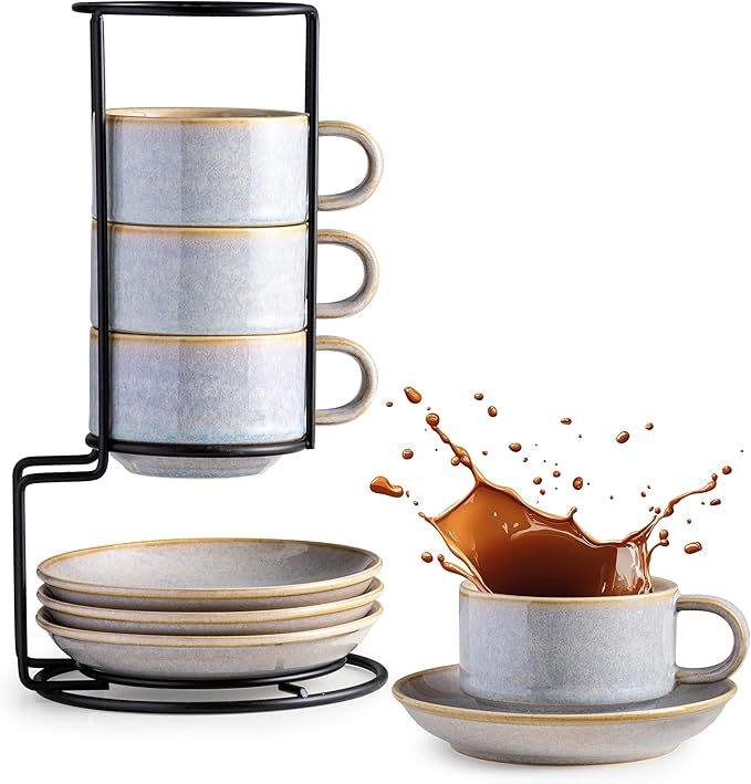 Gomakren 6 Ounce Cappuccino Cups with Saucers and Metal Stand, Stackable Coffee Cup Set of 4, Christmas Porcelain Espresso Cups for Coffee Drinks, Cappuccino, Latte, Americano, Tea, Gray