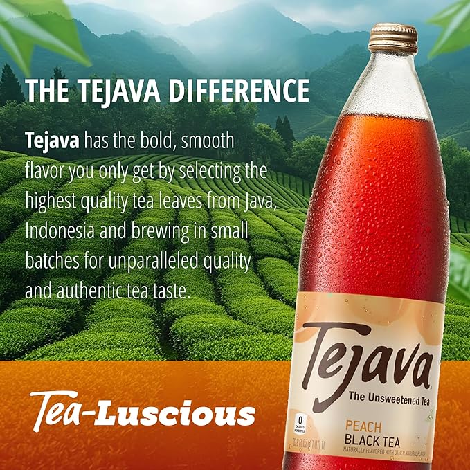 Tejava Original Unsweetened Peach Iced Tea, 12 Pack, 1 Liter Glass Bottles, Non-GMO, Kosher, No Sugar or Sweeteners, No calories, No Preservatives, Brewed in Small Batches