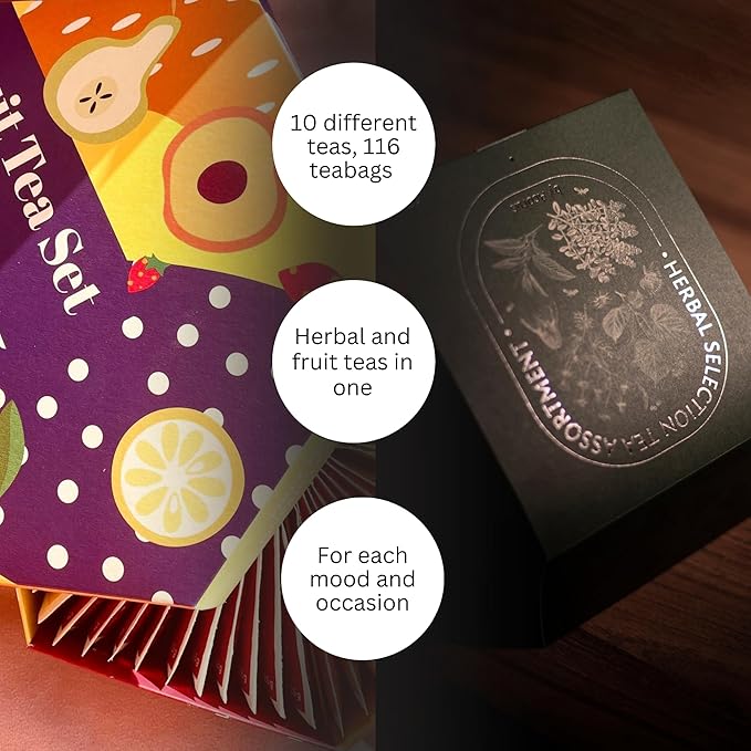 ACORUS Fruit Luxury & Herbal Selection Tea Sets, Assorted Fruit and Herbal TeaBox, Tea Gift Sets, Natural Teas Variety Pack, Sampler 6 & 4 Flavors, 60 & 56 Bags Individually Wrapped