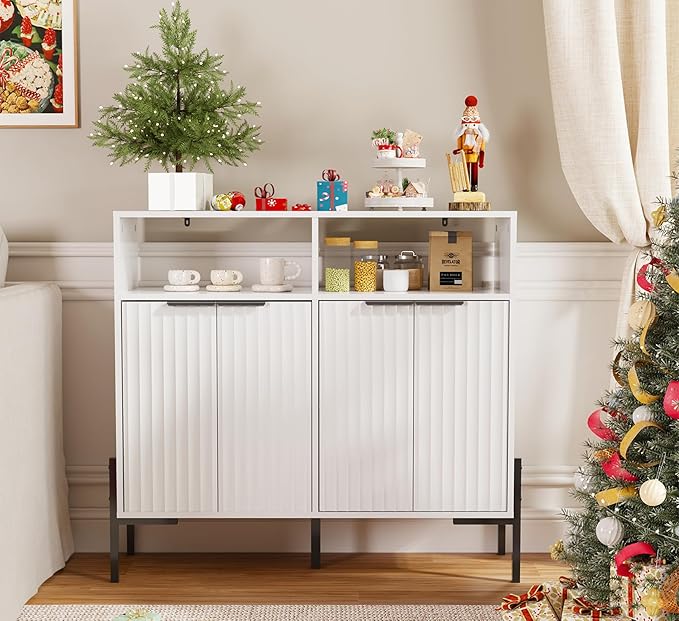 White Buffet Cabinet with Storage, Fluted Storage Cabinet with Doors & Adjustable Shelves, Solid Wood TV Stand Credenza for Kitchen Dining Room, 41"L x 14"D x 37"H Easy Assembly Kitchen Sideboard
