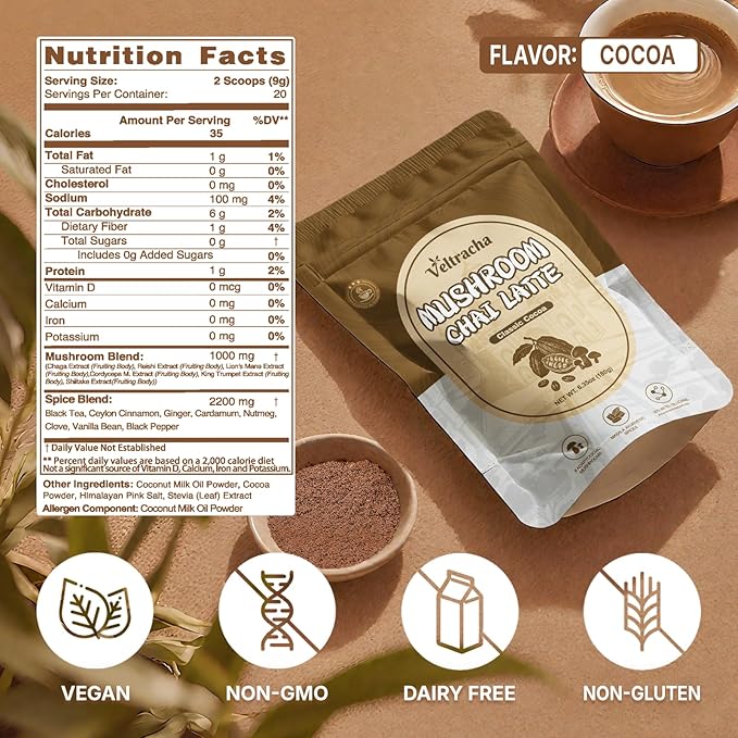 Veltracha Mushroom Chai Tea, Instant Decaf Chai Tea Powder with 6 Adaptogenic Mushrooms, Spiced Chai Latte for Energy & Focus Support, 6.35 oz 20 Servings (Classic Cocoa)