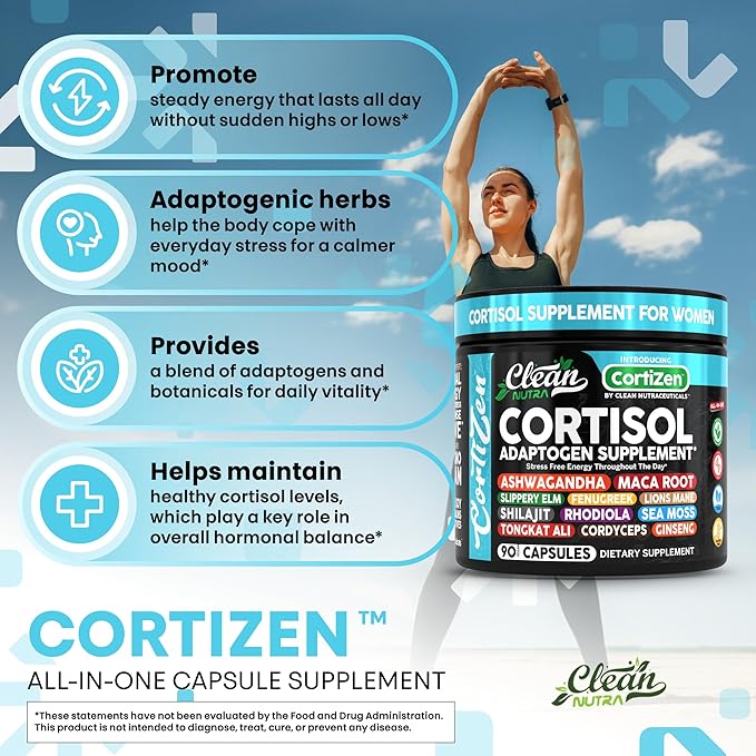 Clean Nutra Cortisol Supplements For Women | Maca Root Ashwagandha Cortisol Detox Manager Reducer + Slippery Elm Fenugreek Lions Mane Shilajit Rhodiola Sea Moss Tongkat Ali Cordyceps Ginseng Beet Root