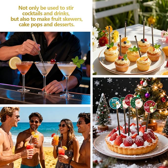 100 PCS Black Gold Glitter Plastic Swizzle Sticks, Crystal Cake Pops, Cocktail Coffee Drink Stirrers, Lolipop Stick for Christmas New Year Party, 7.10 Inch