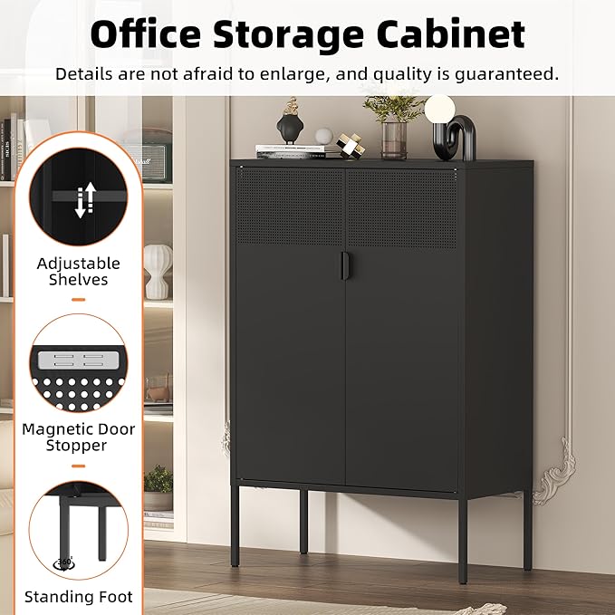 Black Metal Storage Cabinet,2 Door TV Stand, Metal Mesh Accent Cabinet,Magnetic Door Closure,Low Storage Cabinets with Doors and Shelf for Home,Office,Living Room