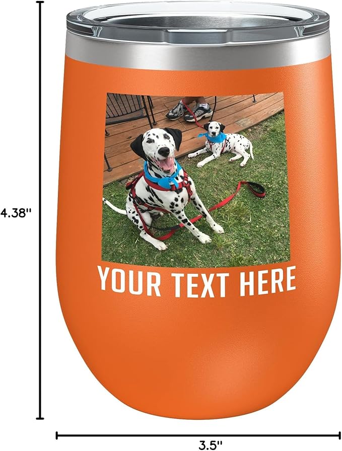 Personalized 12oz (17 Colors) Mother's Day Photo Printed Insulated Stainless Steel Powder Coated Stemless Wine Tumbler with Lid, Customized Gift Idea for Her, Custom Coach Gifts Team Mom Dad (Orange)