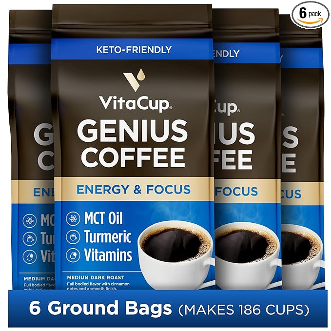 VitaCup Genius Ground Keto Coffee w/Turmeric, MCT Oil, B Vitamins, D3, Ground Coffee Medium Dark Roast, Bold & Smooth, 100% Arabica Coffee Grounds, 6 bags, 11oz each