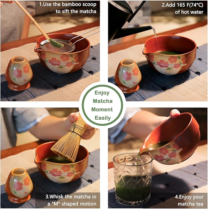 Matcha Whisk Set With Cherry Blossom Design Bowl And Whisk, Japanese Traditional Matcha Starter Kit Gifts For Women Men Girl Friend,Terracotta And Beige