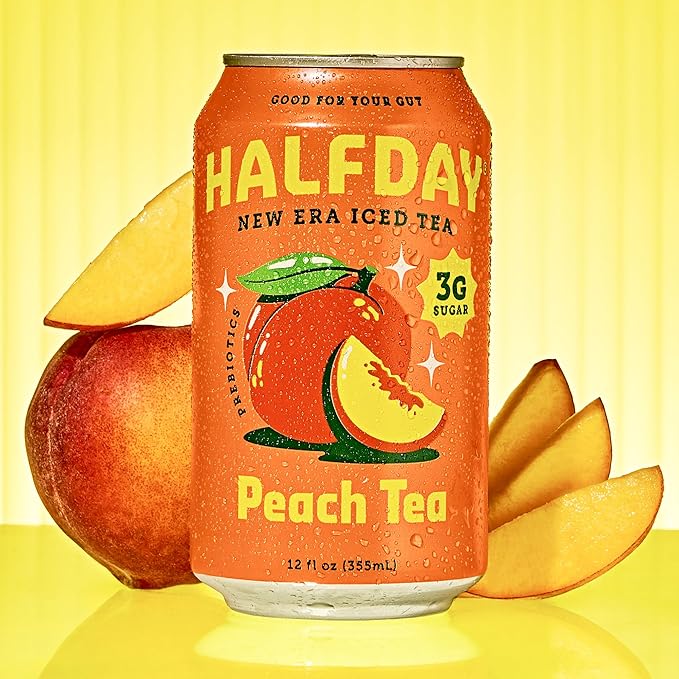 HALFDAY Prebiotic Peach Iced Tea Cans, Supports Digestive & Gut Health, 6g Plant Fiber & Prebiotics, 3g of Sugar, 35 Calories, Real Brewed Tea, Natural Caffeine, Gluten Free, Keto, 12 fl oz (12 pack)