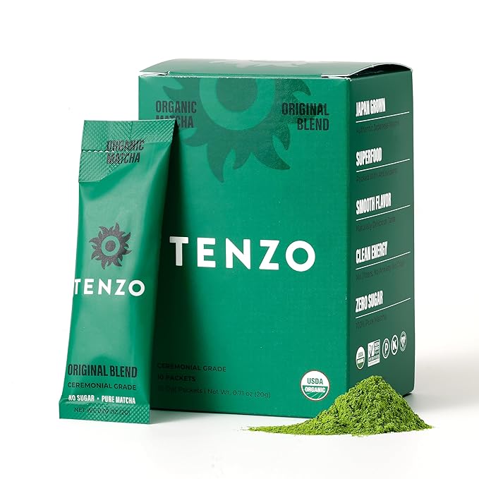 Tenzo Single Serve Matcha Green Tea Powder - Matcha Power Single Serve Sticks - Ceremonial Grade - Organic Matcha Green (10 Count)