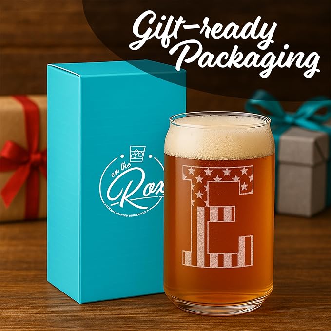 Monogram Beer Glasses for Men (A-Z) 16 oz - Beer Gifts for Men Brother Son Dad Neighbor - Unique Gifts for Him - Personalized Drinking Gift Beer Glass Mugs - Engraved Beer Can Glass (E)