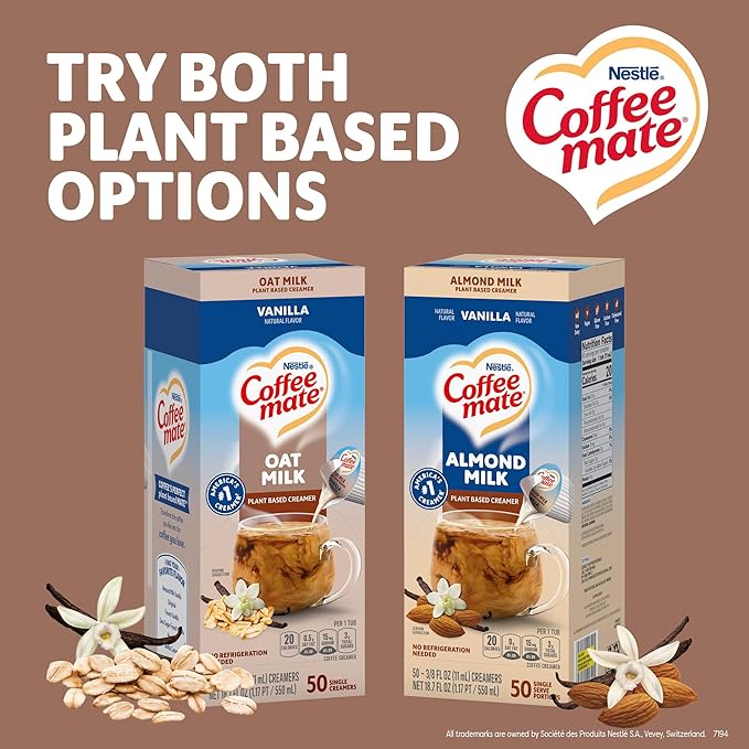 Nestle Coffee mate Plant Based Liquid Coffee Creamer Singles, Vanilla Flavored Oat Milk, 50 Ct Box