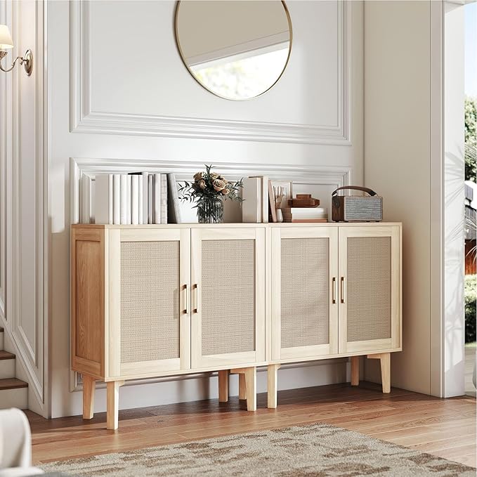Bigroof Rattan Cabinet, Modern Accent Buffet Cabinet with Magnetic Doors, Sideboard Buffet for Hallway, Entryway, Living Room, or Kitchen (Oak)