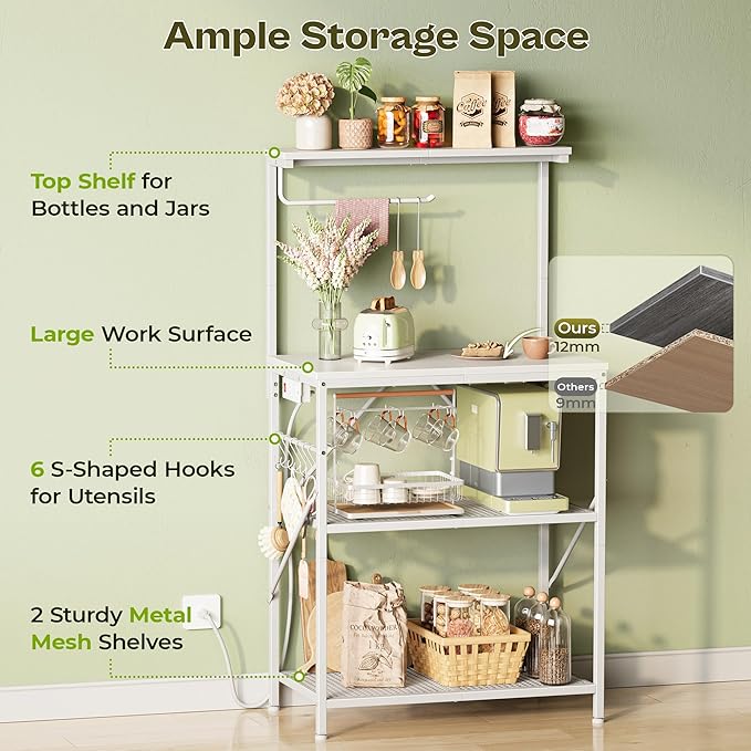 Huuger 4-Tier Bakers Rack with Reversible Power Outlet, 23.6 Inch Microwave Stand, Kitchen Coffee Bar, with Top Shelf, 6 S Hooks, White