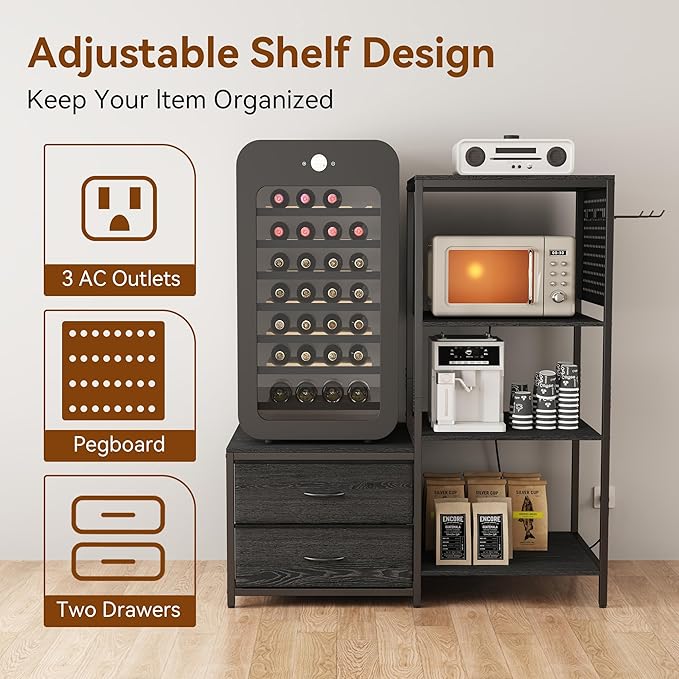 Mini Fridge Stand with Adjustable Shelf, Power Outlet & Storage, Kitchen Organizer for Microwave, Coffee Bar, Dorm, Office (Black)