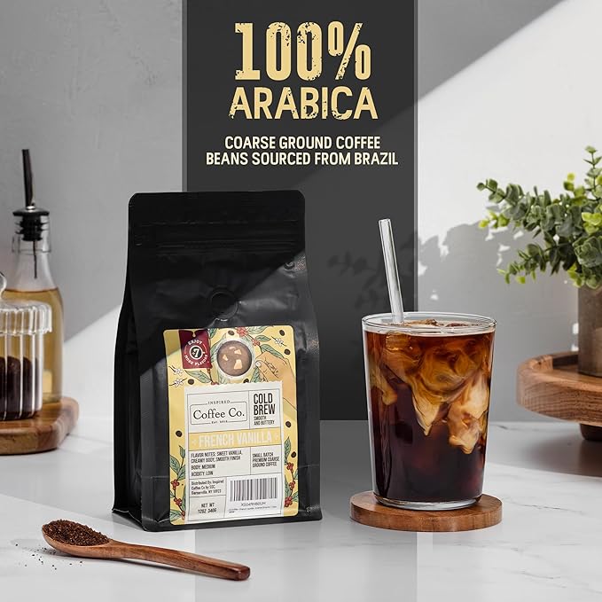 Inspired Coffee Co French Vanilla Flavored Cold Brew Coffee Coarse Ground Coffee Beans Medium Roast - Low Acid Coffee Smoother Taste - 100% Arabica - 12 oz. Resealable Bag
