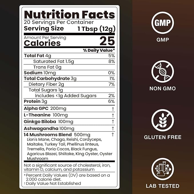 Mushroom Hot Chocolate | 14 Mushroom Blend with Adaptogens, Alpha GPC, Ginkgo Biloba & L-Theanine | Focus, Calm & Immune Support | Cacao Powder | Vegan, Keto, Gluten-Free | 8.5 Oz