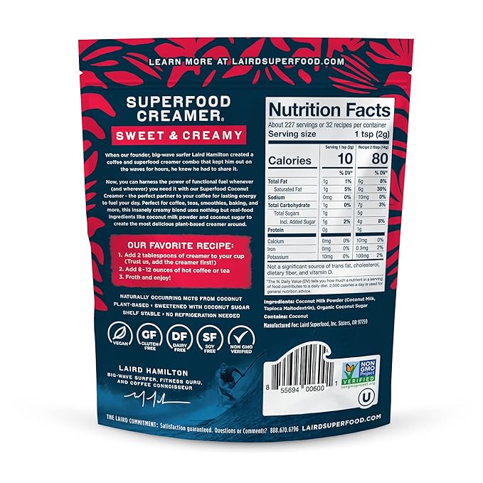 Laird Superfood Non-Dairy Superfood Creamer - Coconut Powder Coffee Creamer - Sweet & Creamy - Gluten Free, Non-GMO, Vegan - 16 oz. Bag, Pack of 1