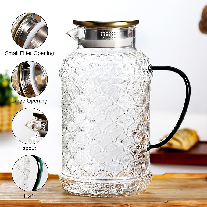 2 Liters/68 oz Glass Pitcher with Lid and Handle for Fridge,2 PACK Large Hot Cold Water Carafe for Cold Brew,Coffee,Lemonade,Iced Sun Tea,Beverage,Milk,Heat Resistant