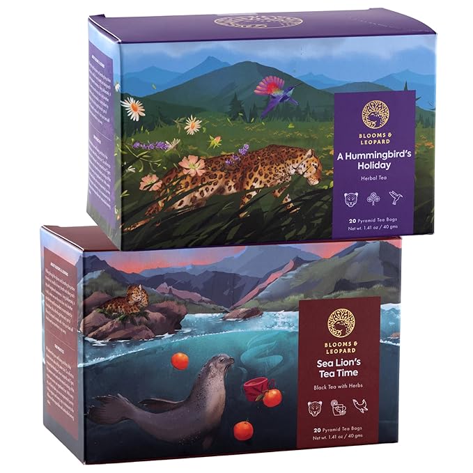 Blooms & Leopard Premium Tea Duo | Sea Lion’s Spiced Black Tea (Cardamom, Clove, Cinnamon, Ginger & Pepper) + Hummingbird’s Holiday Herbal Tea (Chamomile, Lavender, Rose & Valerian) | Wellness & Relax