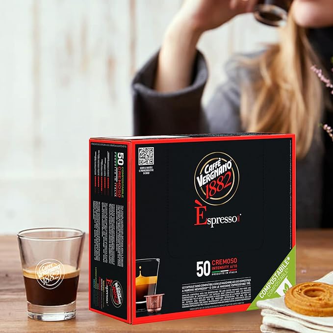 Caffe' Vergnano 1882 Medium Roast Espresso Original Line Machine Compatible Capsules, Arabica Robusta Espresso Coffee, Italian Coffee For Nespresso Coffee Machines, Intensity 6/10, Cremoso, 50 Ct