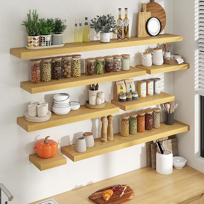 36 Inch Floating Shelves for Wall, 8 Inch Deep Floating Shelf for Storage & Display, Rustic Wall Mounted Shelf with Invisible Brackets for Living Room, Kitchen, Bathroom, Home Decor, Set of 2, Oak