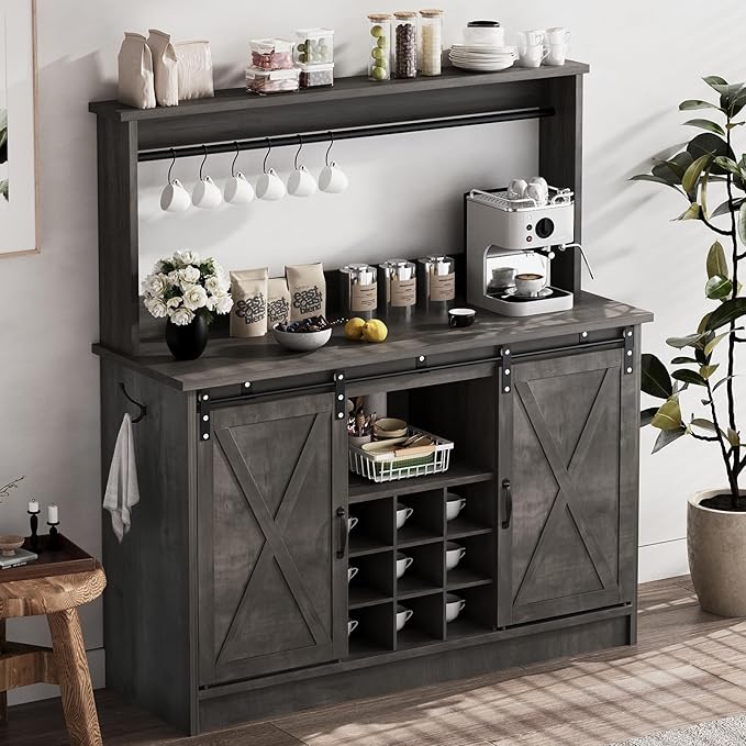4ever2buy Farmhouse Coffee Bar Cabinet with Hutch, 47 Inch Wine Bar with Storage, Buffet Cabinet with Adjustable Shelves & 9 Wine Racks, Kitchen Buffet Cabinet for Dining Living Room, Grey