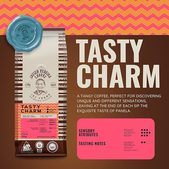 Javier Pereira Coffee - Tasty Charm Colombian Specialty Coffee – Medium Roast Ground – 100% Arabica – Certified Café de Colombia – panela notes - 8.8 Oz