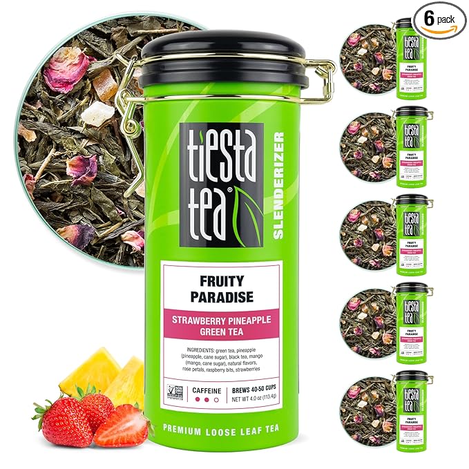Tiesta Tea - Fruity Paradise, Loose Leaf, Strawberry Pineapple Green Tea, Premium Medium Caffeinated Green Blend, Make Hot or Iced, Brews Up to 50 Cups, 24oz Refillable Tin, Pack of 6