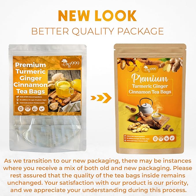 120 Bags Premium Turmeric Ginger Cinnamon Tea, Improve Digestion, Support Brain, Weight, Skin and Sleep, Eco-Conscious Tea Bags and Premium Natural Ingredients. Turmeric Ginger Herbal Tea. No Sugar, No Caffeine, No Gluten, Vegan.