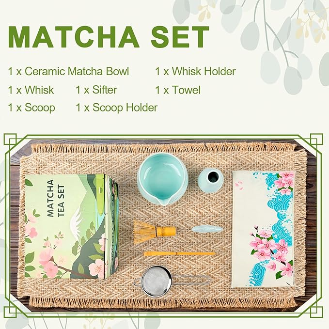 Matcha Whisk Set–7pcs Japanese Matcha Set Kit with Matcha Bowl, Bamboo Whisk, Whisk Holder, Scoop, Towel &Sifter–Perfect for Tea Ceremonies&Matcha Lovers (Mountain Relief-Celadon)