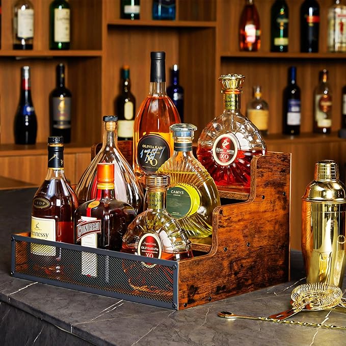 3 Step Countertop Liquor Bottle Display Shelf, Wood Bar Shelves 12 Bottles with Fences, Freestanding Storage Shelves for Liquor Whiskey Wine Coffee Syrup Display, Retro Wine Rack Home (Patent Pending)