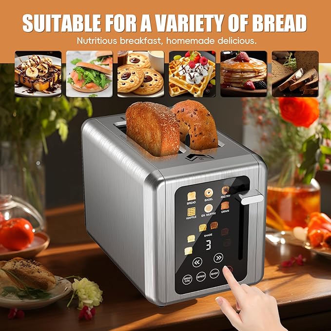 Touch screen Toasters 2 slice, Stainless Steel Digital Timer Toaster with Sound Function, 6 Bread Types & 6 Shade Settings, Smart Extra Wide Slots Toaster with Bagel, Defrost Functions,Grey