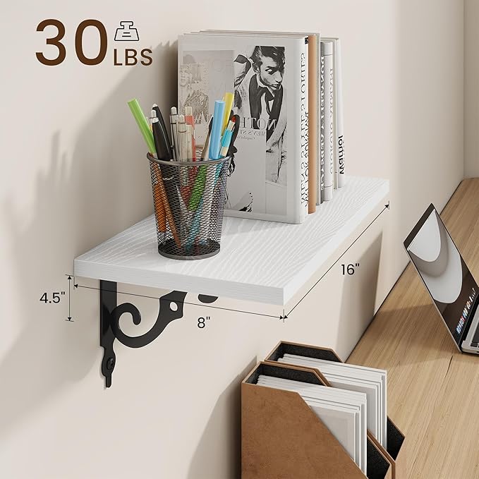RICHFOCUS Floating Shelves for Wall Decor, 8 Inch Deep Shelves Set of 2, 16W x 8D Floating Shelves Wall Mounted with Metal Brackets, Rustic Wood Shelves for Living Room Bedroom Kitchen, White