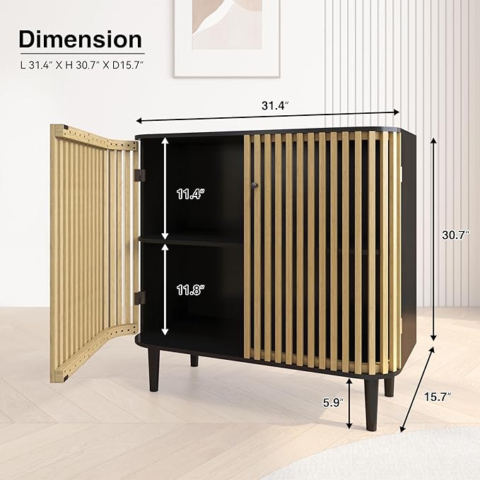 Sideboard Buffet Cabinet with Slatted Bamboo Doors, 31.5" Accent Storage Cabinet with Curved Design, Coffee Bar Cabinet Credenzas for Living Room, Kitchen, Entryway