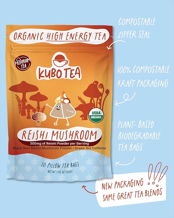 High Caffeine Mushroom Tea (155 mg) – Kubo Tea: Organic Reishi Breakfast Black Tea Bags for Clean Energy & Focus | Healthy Coffee Substitute | Mushroom-Infused Blend | 20 Ct | Compostable Packaging