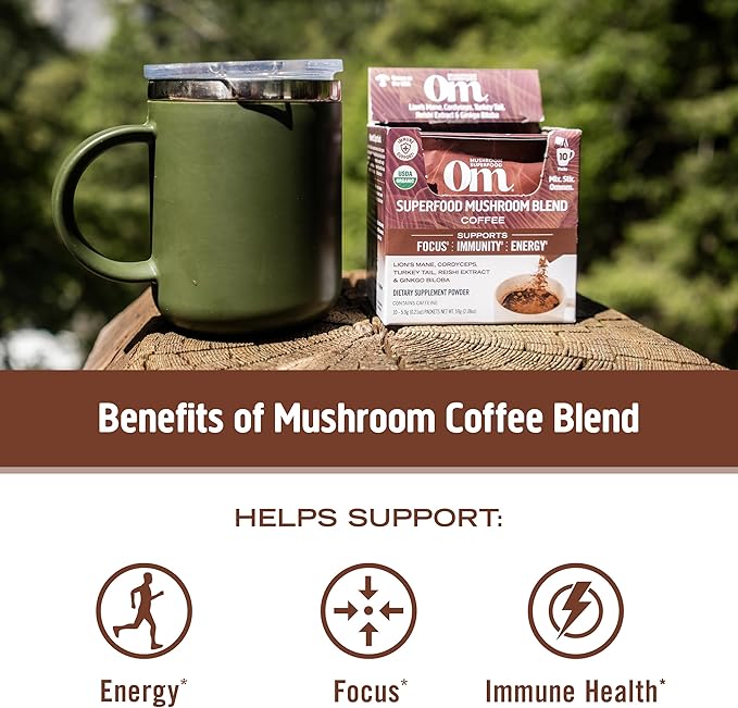 OM MUSHROOM SUPERFOOD Instant Coffee – Organic Arabica with Lion’s Mane, Cordyceps, Reishi, Turkey Tail & Ginkgo for Energy, Focus & Clarity – 6.24 oz Canister, 30 Servings