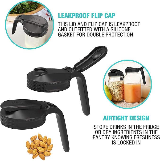 Masontops Multi Pour Top - 2 Pack - Small/Regular Mouth Mason Jar Pitcher Lid with Handle and Flip Cap – Black – Lid Accessories for Mason Jars
